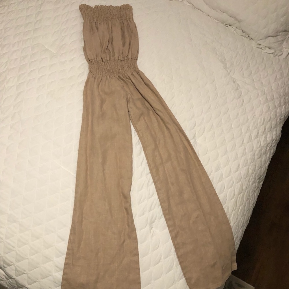 Tan linen strapless jumpsuit